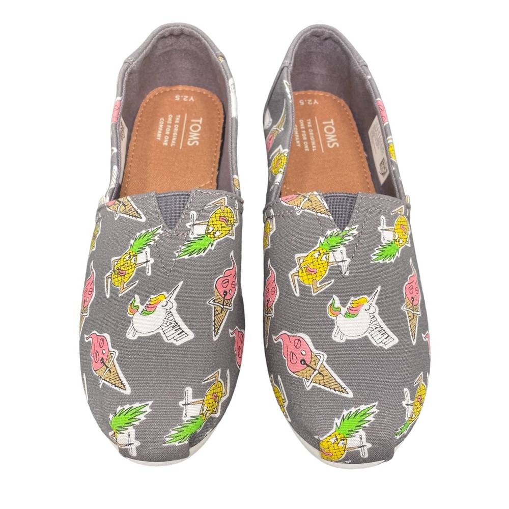 Toms Kids Classic Slip On Shoes Unicorns Ice Cream Rockband Grey Size 2.5 New